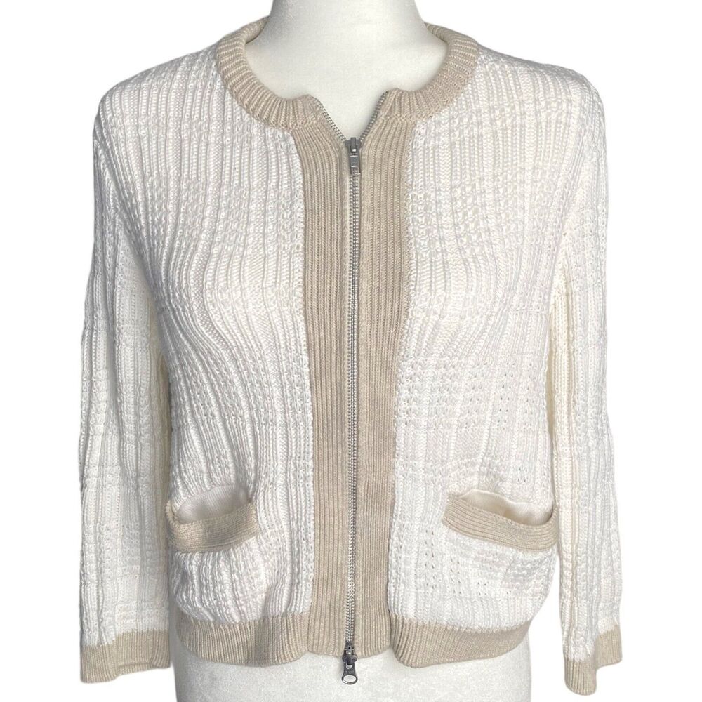 Cotton By Autumn Cashmere Womens Cardigan Knit Zip-Up Sweater Beige Cream Size M
